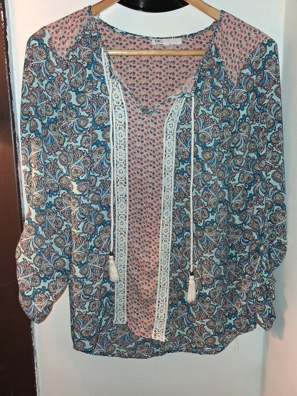Boho Lace-Trim Peasant Blouse - Pink & Blue